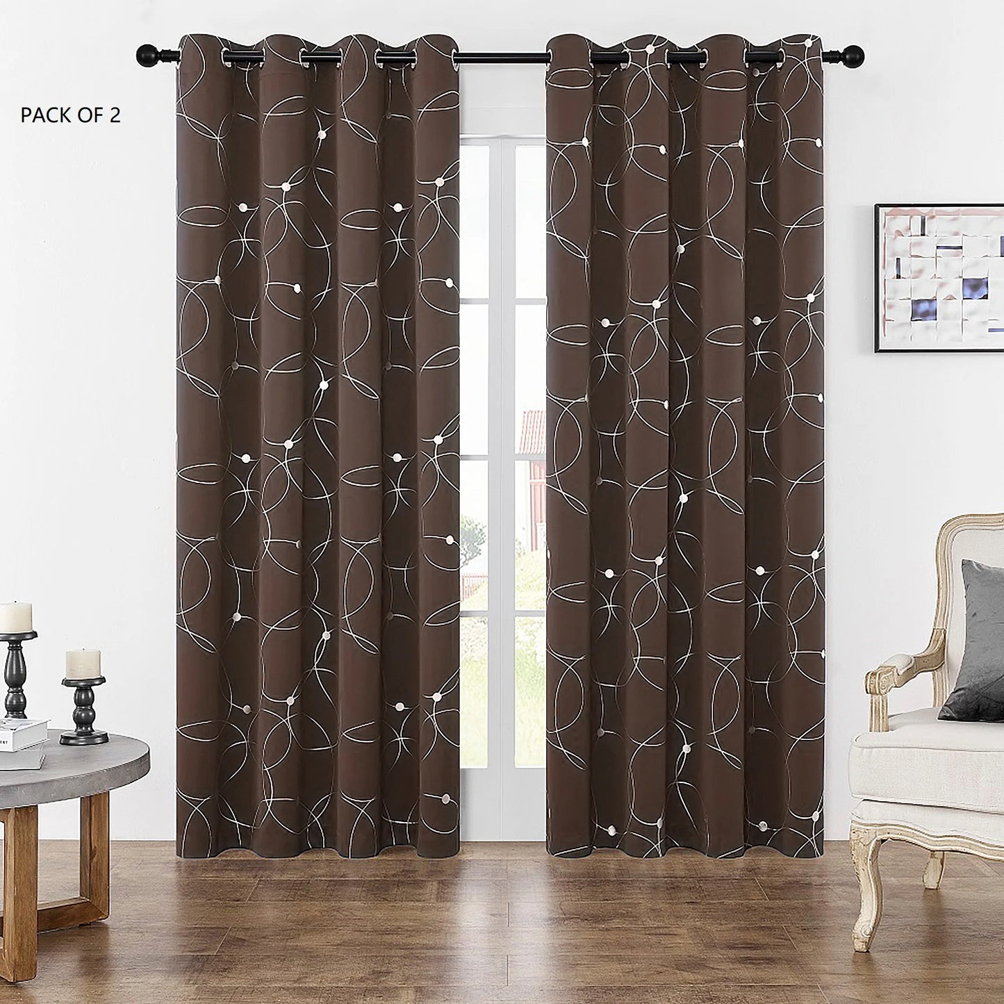 Pack Of 2 Blackout Curtains Grommet Thermal Insulated Room Darkening With Circle And Dots Foil Printed For Bedroom