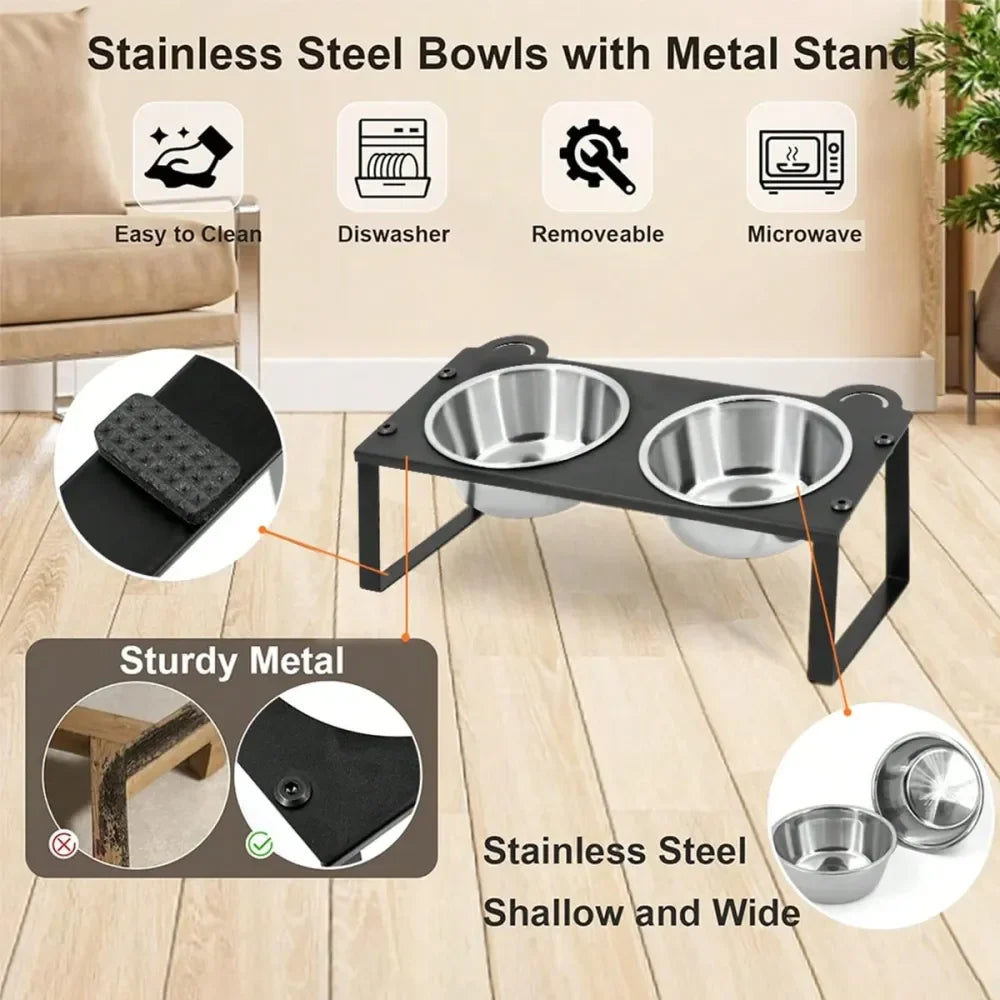 Dog Bowl Dog SuppliesTilted Iron Cat Bowl Stand, AntiVomiting Raised Cat Puppy Feeder With 2 Stainless Steel Bowls