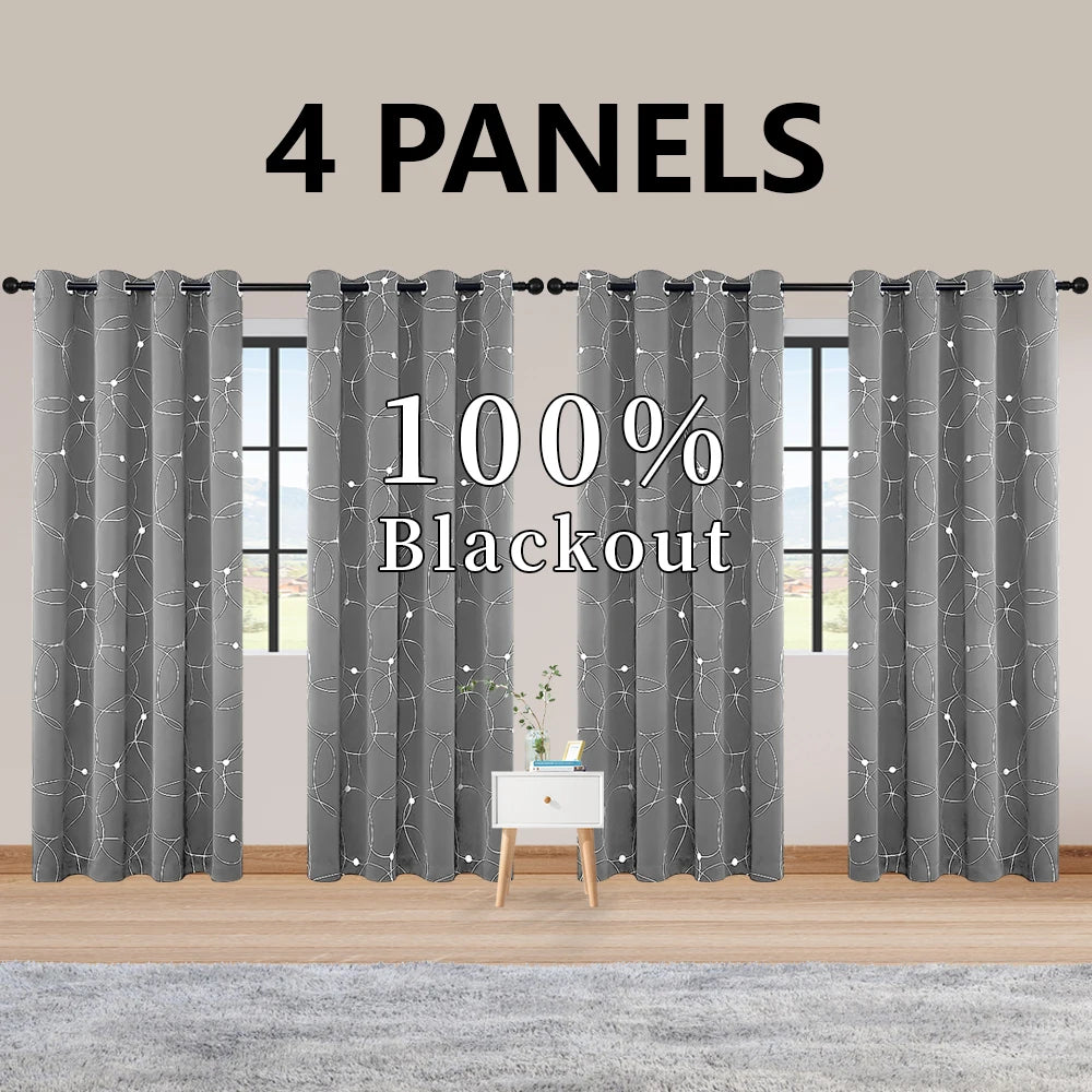 4PCSBlackout Curtains Grommet Thermal Insulated Room Darkening With Circle And Dots Foil Printed For Bedroom