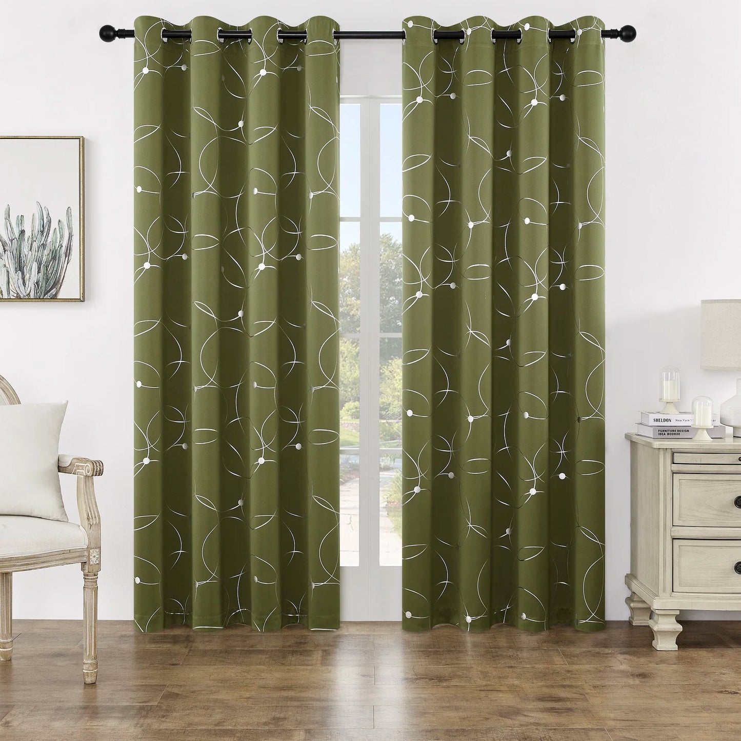 Pack Of 2 Blackout Curtains Grommet Thermal Insulated Room Darkening  With Circle And Dots Foil Printed For Bedroom