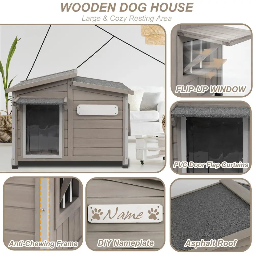 Dog House Outdoor Weatherproof, AntiChewing Iron Frame Dog Kennel Outside, Wooden Outside Shelter Pet House for Small, Medium,