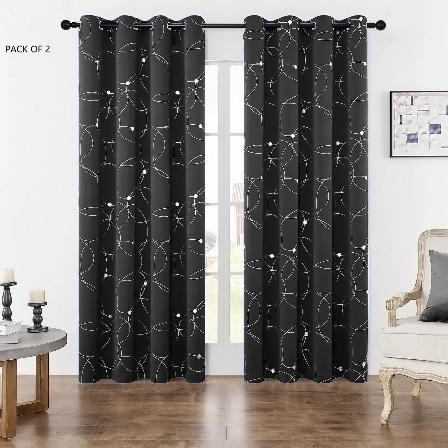 Pack Of 2 Blackout Curtains Grommet Thermal Insulated Room Darkening  With Circle And Dots Foil Printed For Bedroom