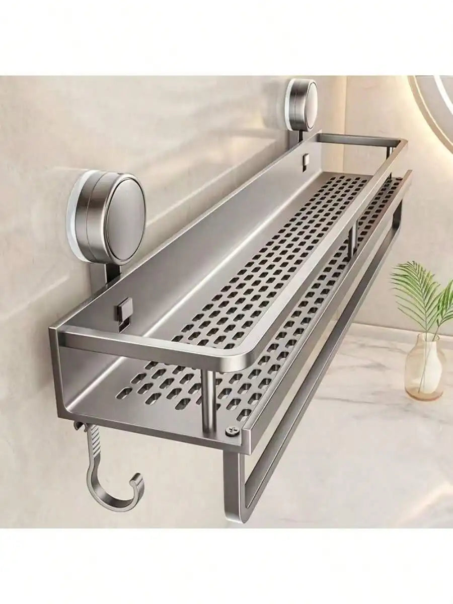 1pc Rustproof Wall Mount Shower Caddy With Suction Cups - Heavy-Duty Floating Shelf With Towel Hooks, Space-Saving Bathroom Orga