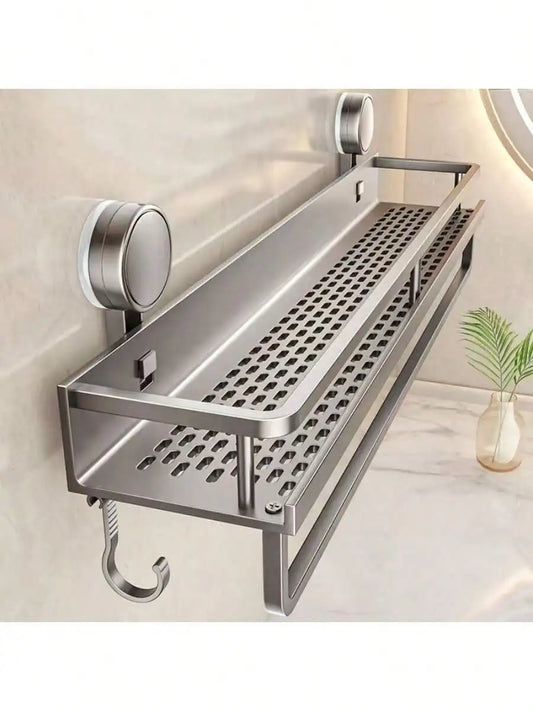 1pc Rustproof Wall Mount Shower Caddy With Suction Cups - Heavy-Duty Floating Shelf With Towel Hooks, Space-Saving Bathroom Orga