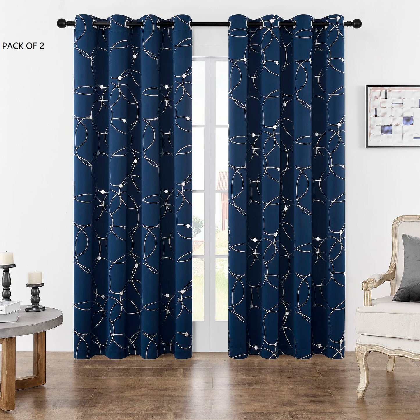 Pack Of 2 Blackout Curtains Grommet Thermal Insulated Room Darkening  With Circle And Dots Foil Printed For Bedroom