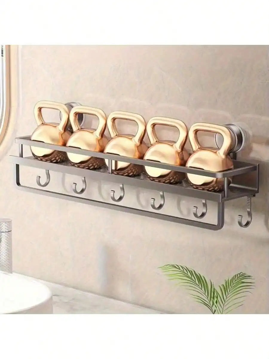 1pc Rustproof Wall Mount Shower Caddy With Suction Cups - Heavy-Duty Floating Shelf With Towel Hooks, Space-Saving Bathroom Orga