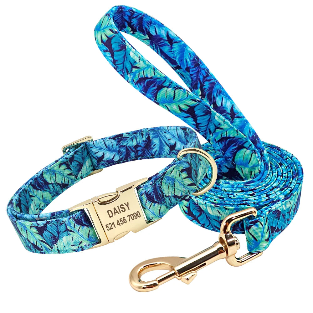 Personalized Printed Dog Collar Leash Set Customized Nylon Pet Collar Leash Free Engraved Nameplate For Small Medium Large Dogs