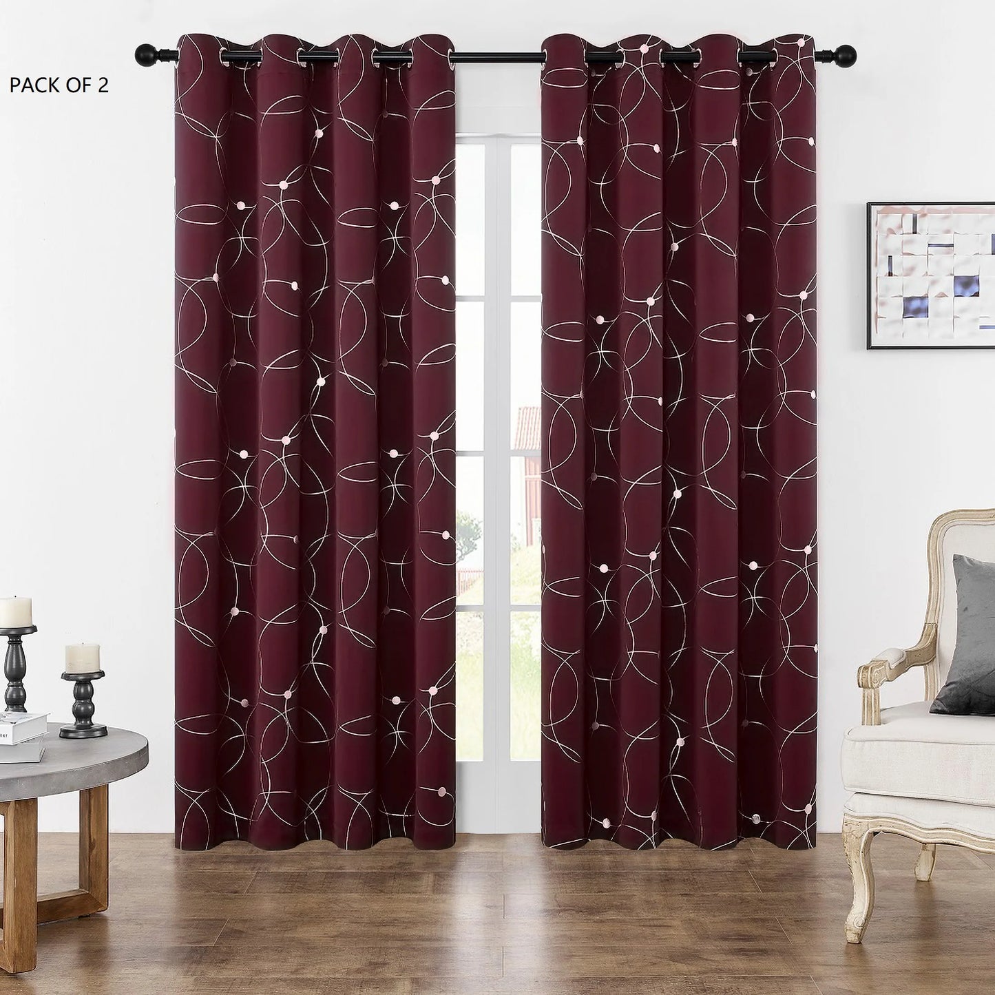 Pack Of 2 Blackout Curtains Grommet Thermal Insulated Room Darkening  With Circle And Dots Foil Printed For Bedroom