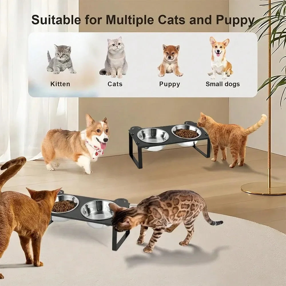 Dog Bowl Dog SuppliesTilted Iron Cat Bowl Stand, AntiVomiting Raised Cat Puppy Feeder With 2 Stainless Steel Bowls