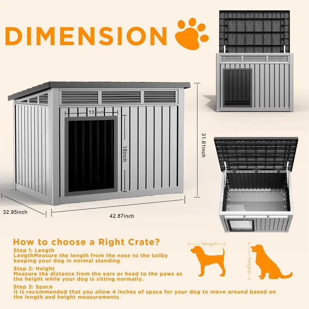 Large Dog House Outdoor for Indoor with Weatherproof amp Removable Roof,Fits Small to Large Gray, 42.87 32.95 31.61