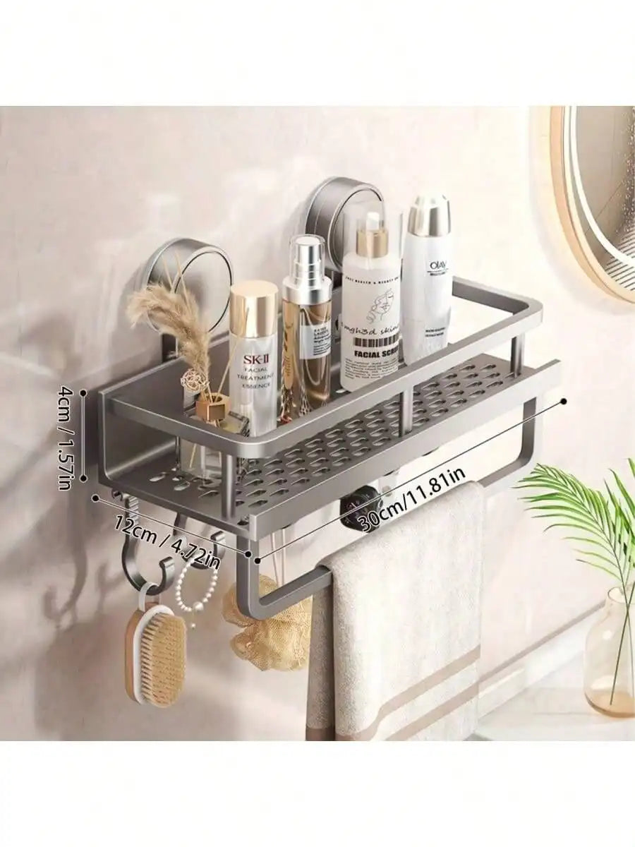 1pc Rustproof Wall Mount Shower Caddy With Suction Cups - Heavy-Duty Floating Shelf With Towel Hooks, Space-Saving Bathroom Orga