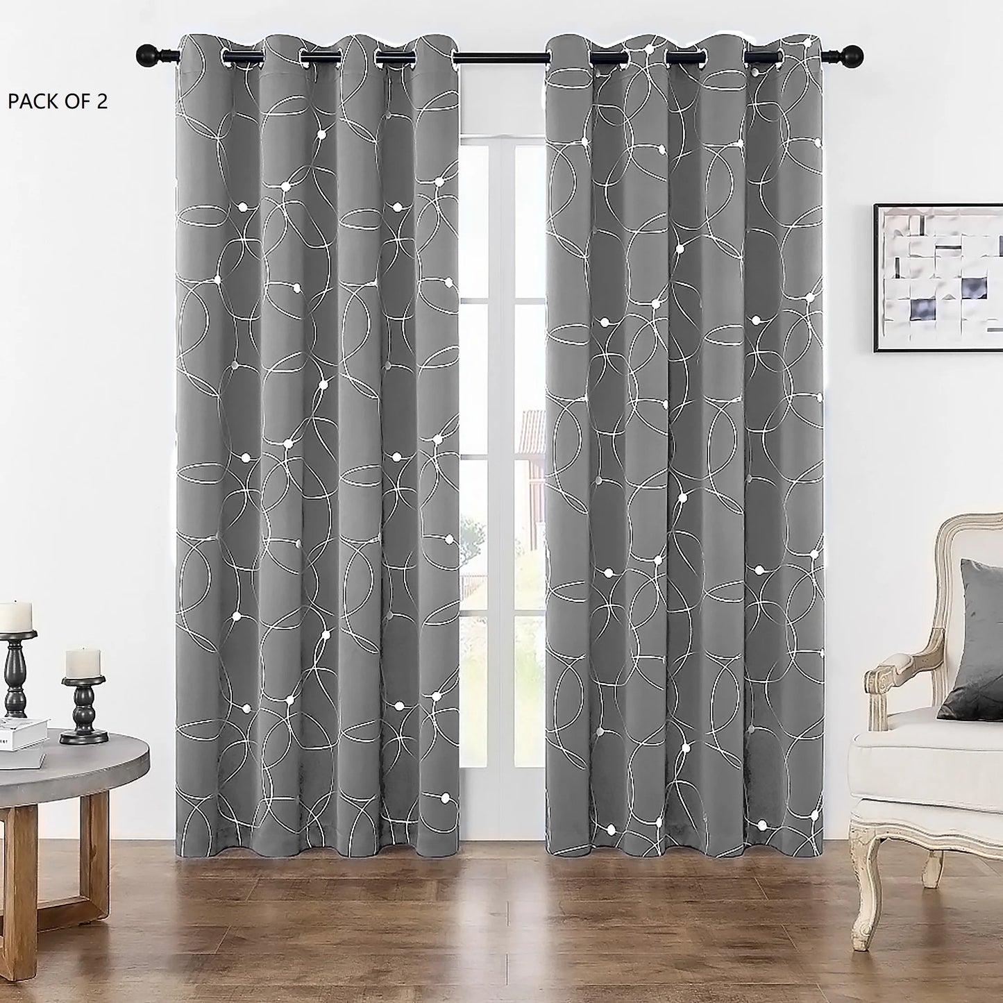 Pack Of 2 Blackout Curtains Grommet Thermal Insulated Room Darkening  With Circle And Dots Foil Printed For Bedroom