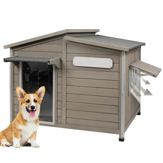 Dog House Outdoor Weatherproof, AntiChewing Iron Frame Dog Kennel Outside, Wooden Outside Shelter Pet House for Small, Medium,