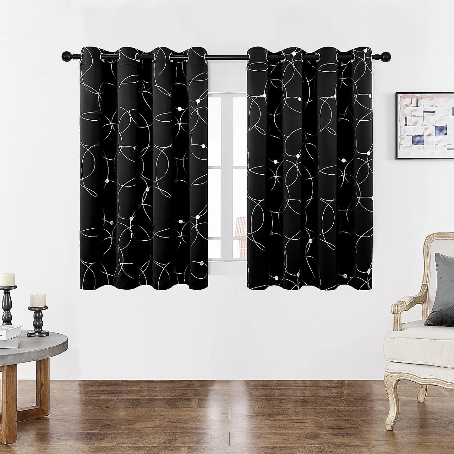 Pack Of 2 Blackout Curtains Grommet Thermal Insulated Room Darkening  With Circle And Dots Foil Printed For Bedroom
