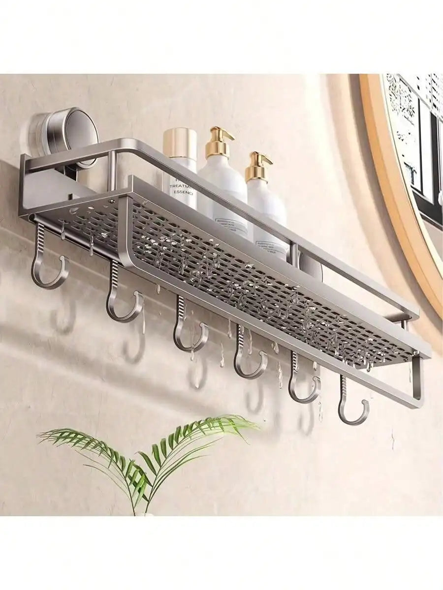 1pc Rustproof Wall Mount Shower Caddy With Suction Cups - Heavy-Duty Floating Shelf With Towel Hooks, Space-Saving Bathroom Orga