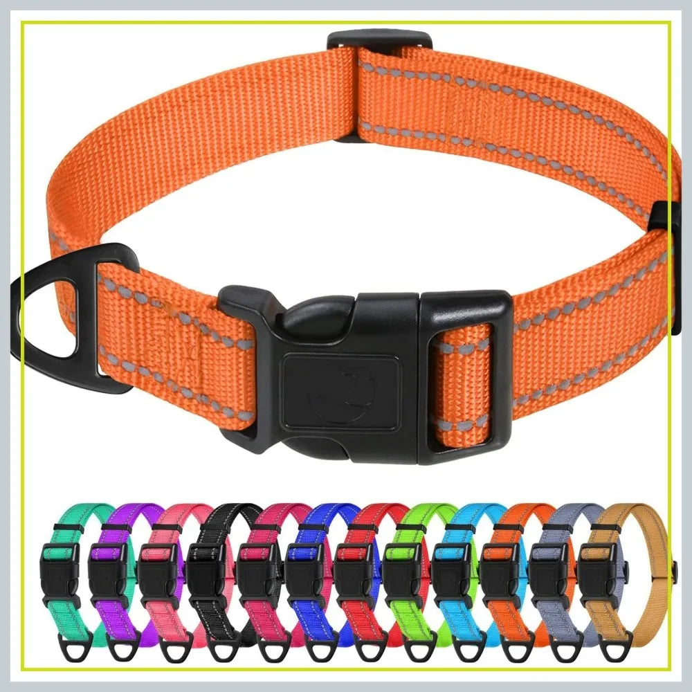 Reflective Nylon Dog Collars, Adjustable Classic Pet Collar with Quick Release Buckle for Medium Dogs, Orange, 1.0" Width