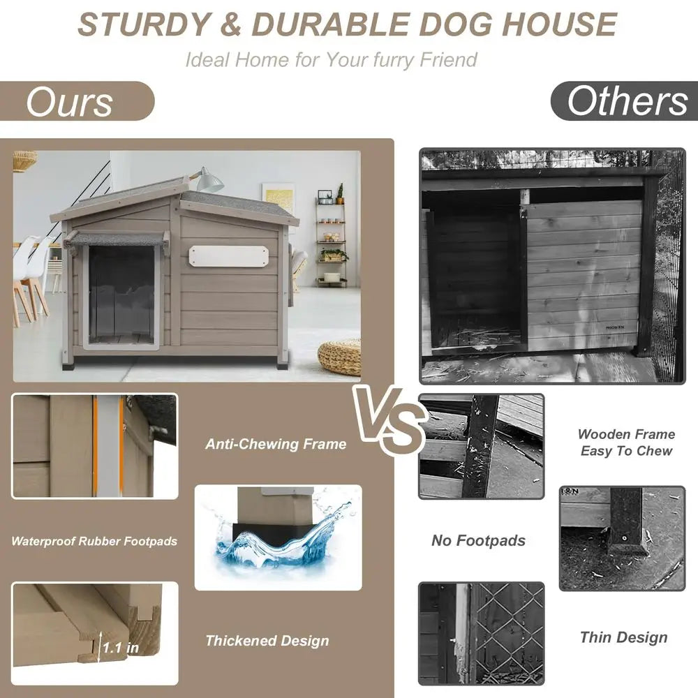 Dog House Outdoor Weatherproof, AntiChewing Iron Frame Dog Kennel Outside, Wooden Outside Shelter Pet House for Small, Medium,
