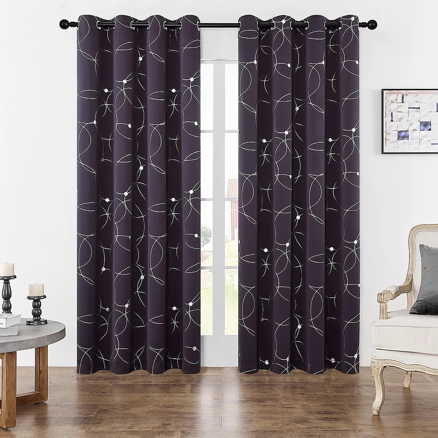 Pack Of 2 Blackout Curtains Grommet Thermal Insulated Room Darkening  With Circle And Dots Foil Printed For Bedroom