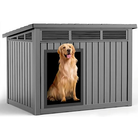 Large Dog House Outdoor for Indoor with Weatherproof amp Removable Roof,Fits Small to Large Gray, 42.87 32.95 31.61