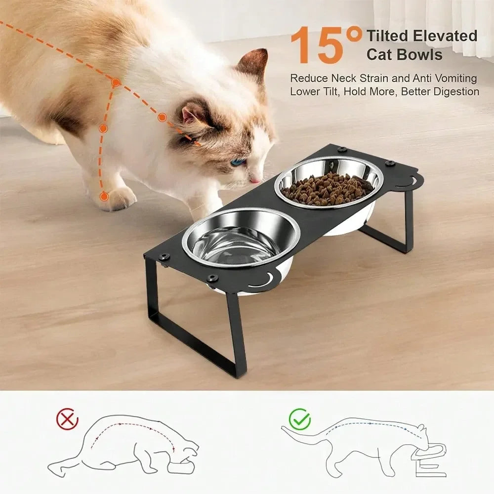 Dog Bowl Dog SuppliesTilted Iron Cat Bowl Stand, AntiVomiting Raised Cat Puppy Feeder With 2 Stainless Steel Bowls