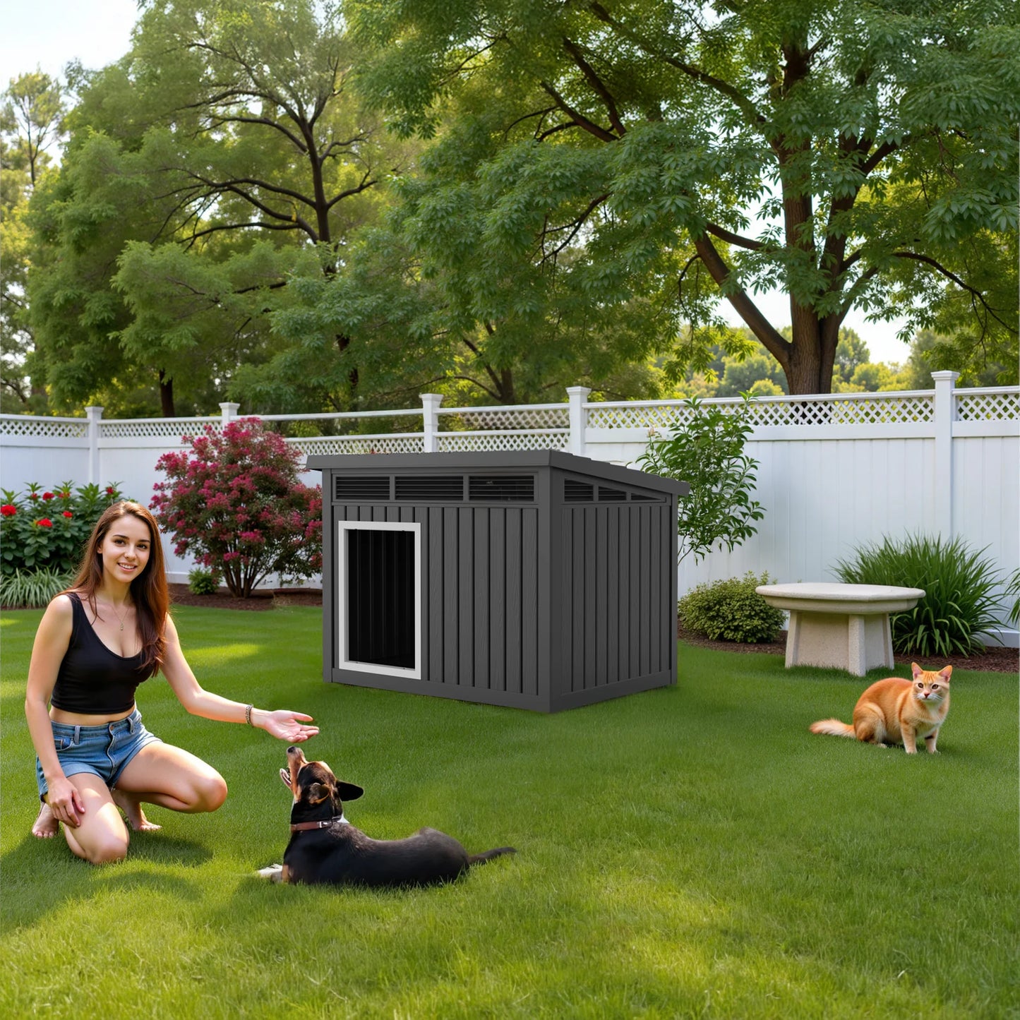 Resin Dog House with Hydraulic Rod, Waterproof Outdoor Insulated Dog Kennel, Slanted Roof Large Dog Shelter for Medium Large Dog
